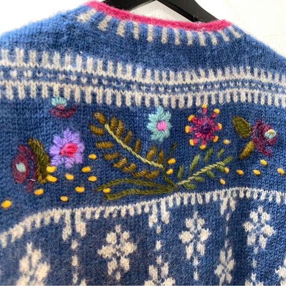 Vintage Lost Horizons Wool Floral Embroidered Fisherman Fair Isle Zip Sweater XL - Picture 12 of 14